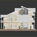 Cartoon Style Two Story House With White Roof Yellow Trim Balconies Lawn Bench Potted Plants