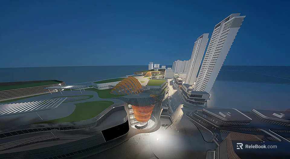 Modern High Rise Residential Building With Waterfront Park And Open Space Design 3d model 