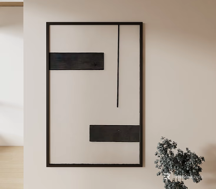 Abstract Wall Art With Black Frame White Background Geometric Elements And Green Plant 3d model