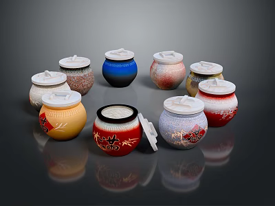 Colorful Ceramic Decorative Jars For Aquarium Fish Tank With White Lids And Patterns 3d model