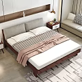 Double Bed with Gray Headboard White Pillows Checkered Blanket Nightstands Lamps and Wooden Accent Wall