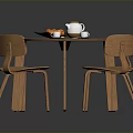 Round Wooden Dining Table Set With Four Matching Chairs And Tableware 3d model