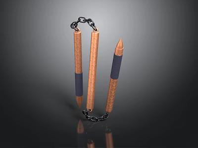Wooden Nunchucks With Chain Connected Sticks And Black Wrapped Ends 3d model