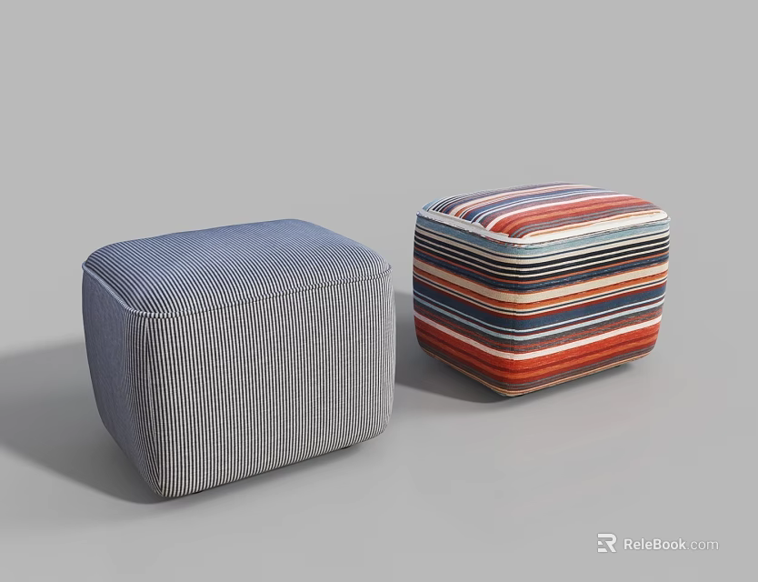 Two Square Fabric Ottoman Stools With Blue White And Colorful Striped Patterns 3d model