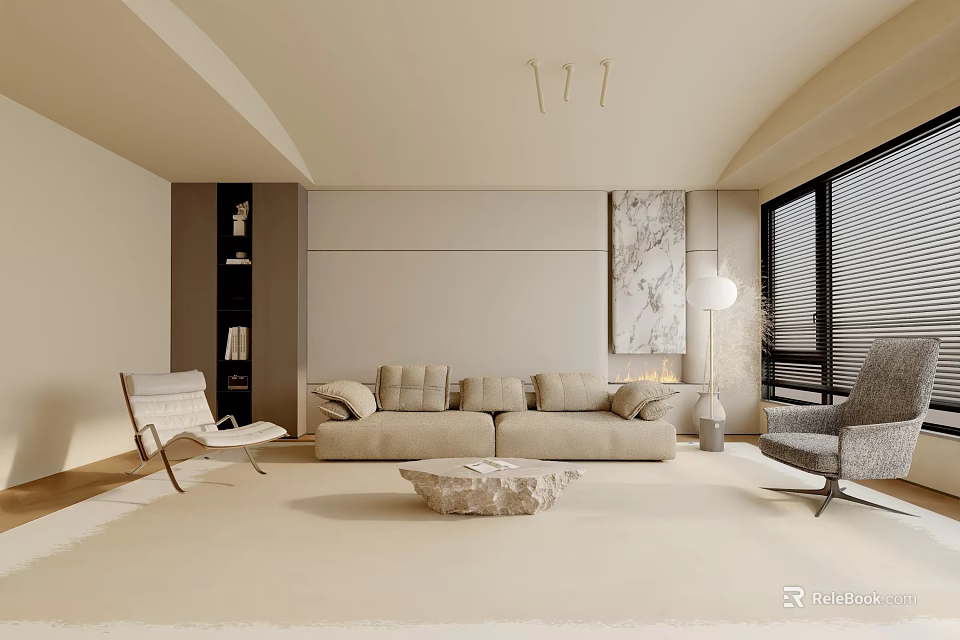 Modern Living Room Interior Design With Beige Sofa Stone Coffee Table And Floor Lamp 3d model 