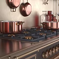 Stylish Kitchen Interior With Black Range Hood Copper Pans Metallic Backsplash And Cabinets 3d model