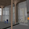 Modern Sales Office Building With Glass Facade And Portico Entrance Surrounded By Tall Buildings