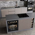 Modern Gray Kitchen Cabinets With Vertical Stripes Backsplash Marble Countertop And Integrated Appliances 3d model