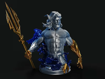 Detailed Aquaman Sculpture With Silver Muscular Body Golden Trident Blue Accents And Wavy Hair 3d model