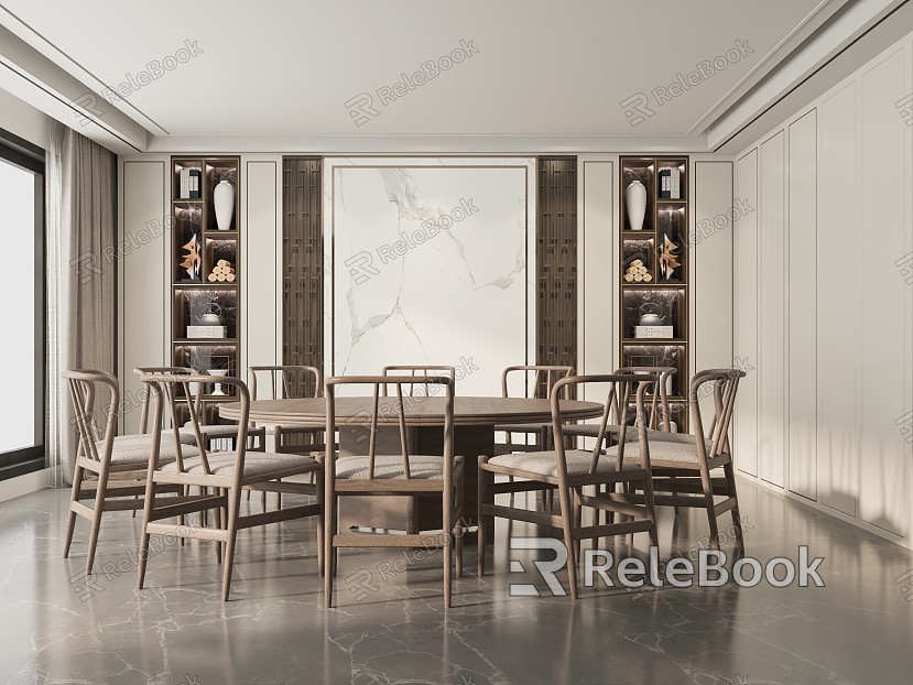 New Chinese Style Room Box Restaurant Dining Table and Chair Dining Chair Single Chair Carpet Round Dining Table Tableware Background Wall model