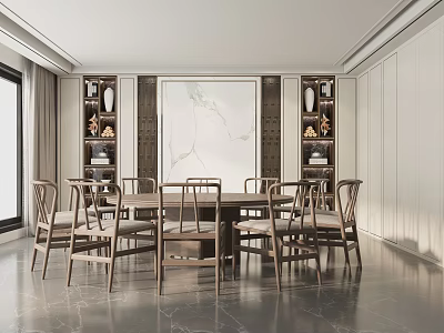 New Chinese Style Room Box Restaurant Dining Table and Chair Dining Chair Single Chair Carpet Round Dining Tableware Background Wall 3d model