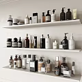 Elegant Perfumes and Cosmetics Organized Display on White Shelves with Various Bottles Jars