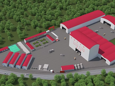 Industrial Factory Building With Red Roofs Surrounded by Green Trees and Open Space 3d model
