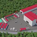 Industrial Factory Building With Red Roofs Surrounded by Green Trees and Open Space
