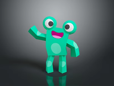 Cartoon Green Reptile Character With Big Eyes Waving Arm On Gray Gradient Background 3d model