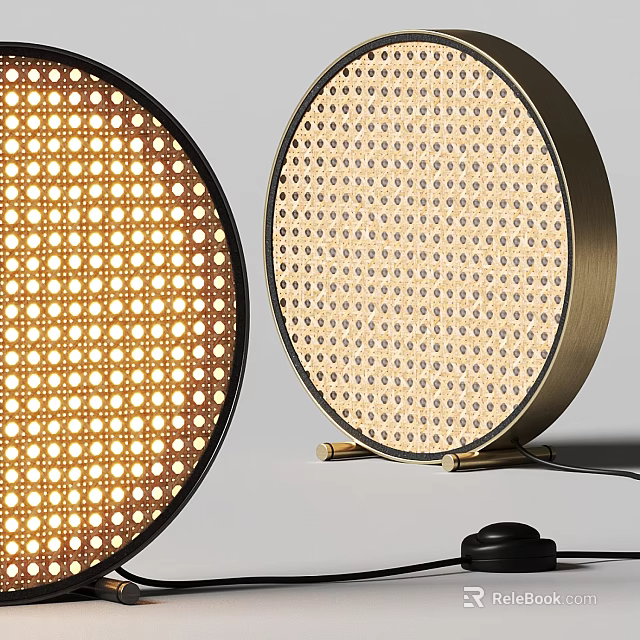 Illuminated Round Table Lamp with Grid Pattern Shade and Black Gold Metallic Base 3d model