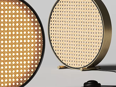Illuminated Round Table Lamp with Grid Pattern Shade and Black Gold Metallic Base 3d model