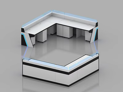 Modern Office Hexagonal Reception Desk with White Black Blue Accents Sleek Reflective Surface 3d model