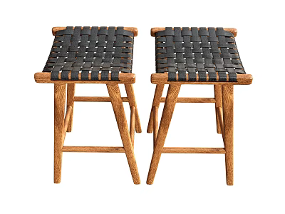 Two Wooden Stools with Black Woven Seats and Durable Legs Design 3d model