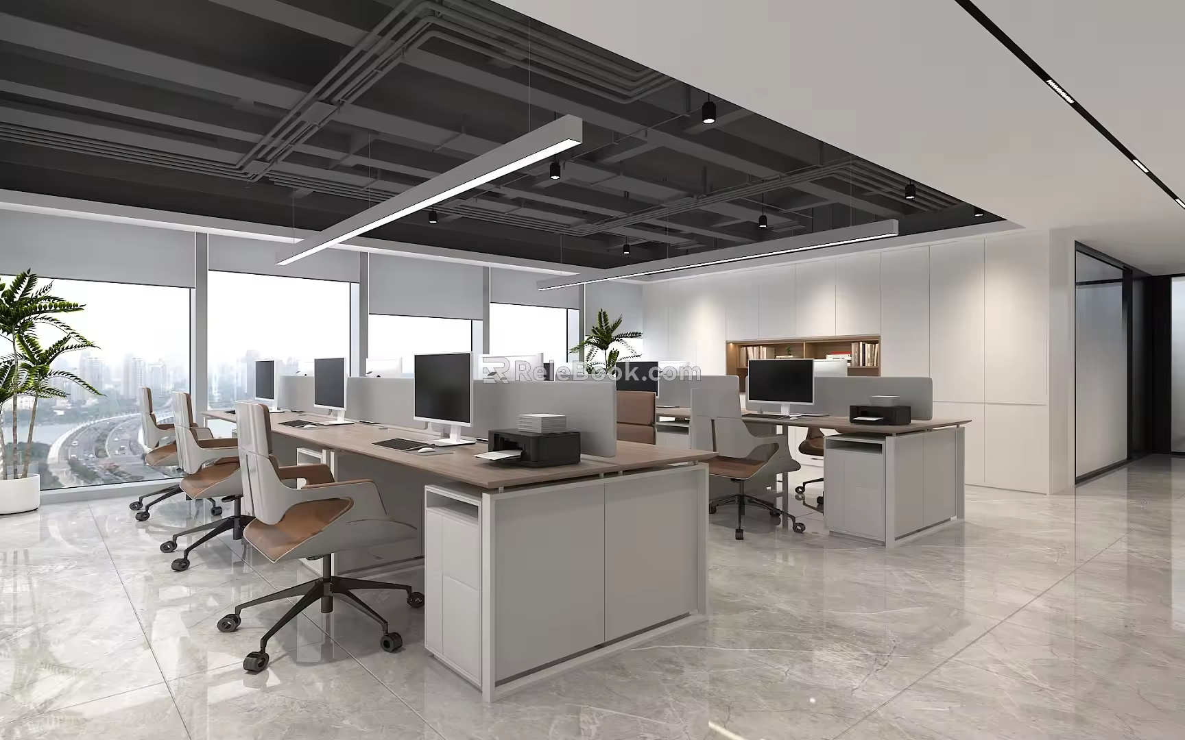 modern public office area public office area office desk office chair file cabinet chandelier computer work area office 3d model