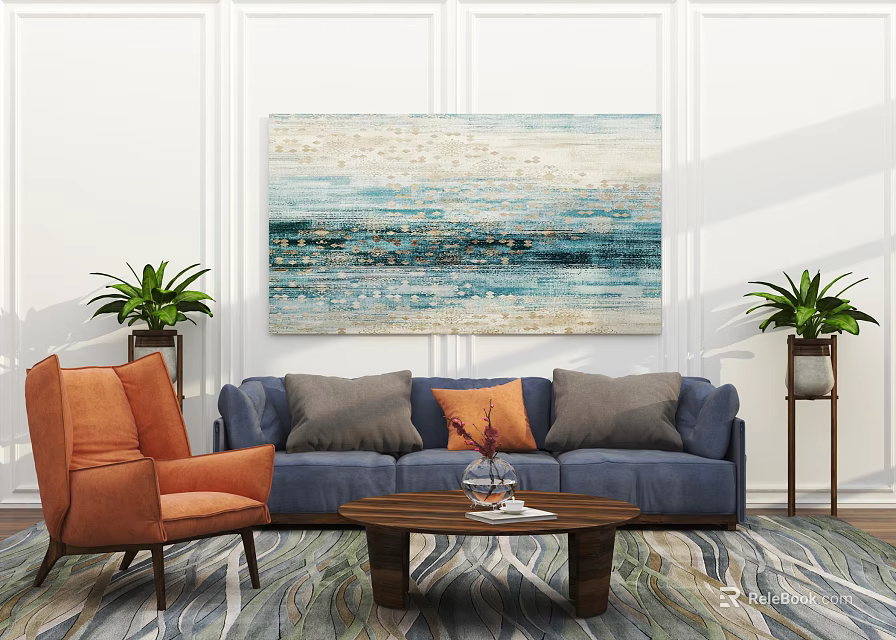 Blue Sofa and Coffee Table Set with Orange Accent Chair Wall Art Plants Area Rug 3d model 