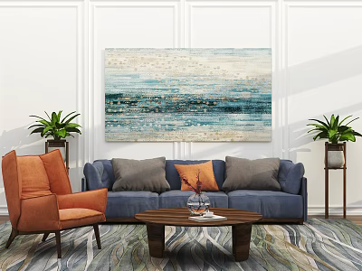 Blue Sofa and Coffee Table Set with Orange Accent Chair Wall Art Plants Area Rug 3d model