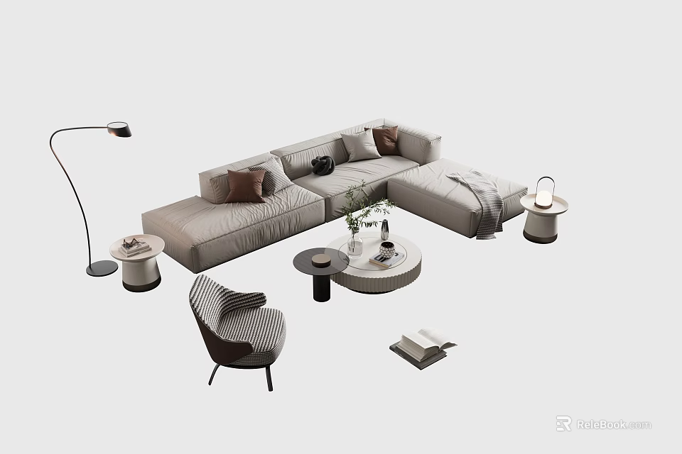 Modern L Shaped Sofa And Round Coffee Table Set With Throw Pillows And Blanket 3d model