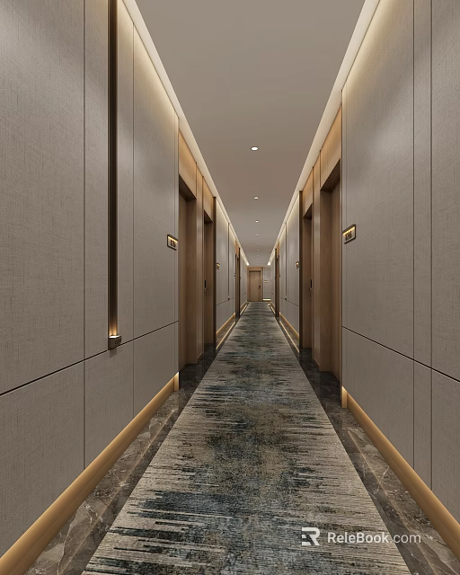 Elegant Modern Hotel Corridor Interior Design With Recessed Lighting Patterned Carpet And Wooden Doors 3d model 