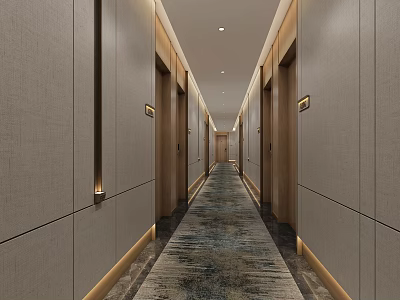 Elegant Modern Hotel Corridor Interior Design With Recessed Lighting Patterned Carpet And Wooden Doors 3d model