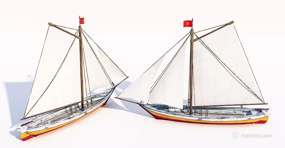 Two Traditional Sailboats With White Sails Red Flags And Wooden Masts 3d model 