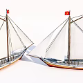 Two Traditional Sailboats With White Sails Red Flags And Wooden Masts
