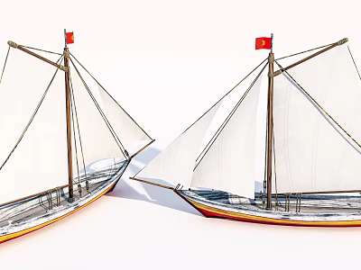 Two Traditional Sailboats With White Sails Red Flags And Wooden Masts 3d model
