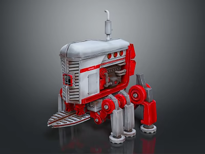 Red And White Mechanical Robot Structure With Tracked Wheels And Top Exhaust Pipe 3d model