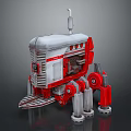 Red And White Mechanical Robot Structure With Tracked Wheels And Top Exhaust Pipe