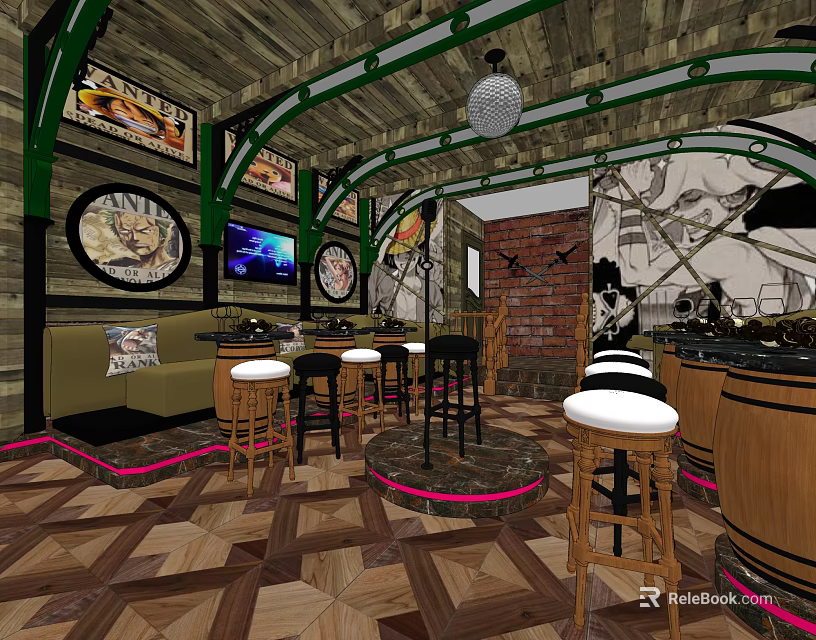 Rustic Bar Interior With Wooden Counter Stools Decorative Paintings Brick Wall And Lighting 3d model 
