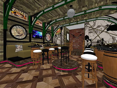 Rustic Bar Interior With Wooden Counter Stools Decorative Paintings Brick Wall And Lighting 3d model
