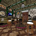 Rustic Bar Interior With Wooden Counter Stools Decorative Paintings Brick Wall And Lighting