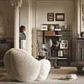 Cream Colored Elegant Modern Living Room With Pendant Light Fireplace Sofa Bookshelf And Decorative Art