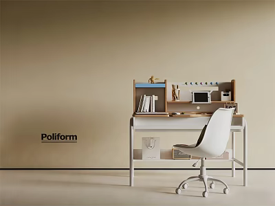 Modern Minimalist Desk Interior With Bookshelf Books Monitor And White Chair 3d model