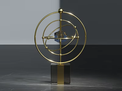 Golden Decorative Ornament Set With Circular Ring Structure And Sphere On Marble Base 3d model