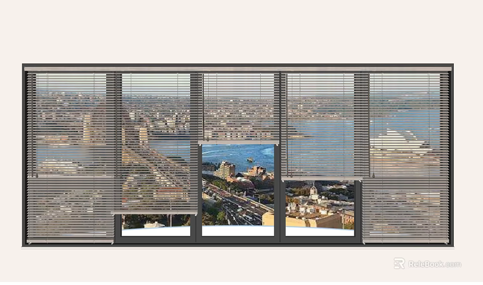 Elegant Window Blinds Framing City View With River Bridge And Ship Through Window 3d model