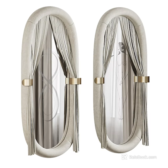 Elegant Oval Mirrors With Beige Frame Decorative Curtains And Golden Metal Buckles For Home Decor 3d model 