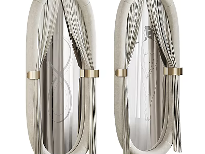 Elegant Oval Mirrors With Beige Frame Decorative Curtains And Golden Metal Buckles For Home Decor 3d model