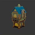 Cartoon Style Two Story House Building With Blue Roof Lit Arched Windows And Chimney