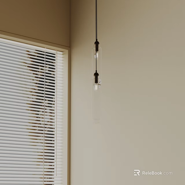 Slim Glass Chandelier With Metal Fittings Hanging In Corner By White Blinds On Light Wall 3d model 