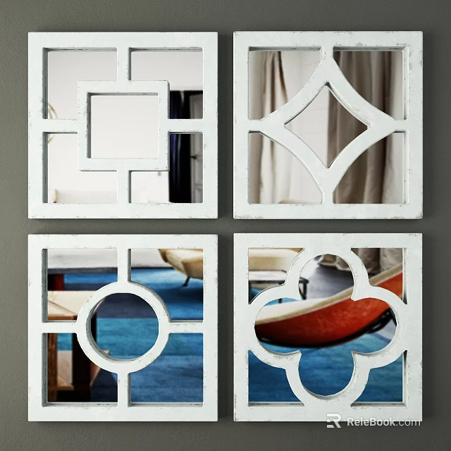 White Framed Decorative Mirrors With Four Different Geometric Patterns For Interior Decor 3d model