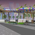 Colorful Pergola With Spiral Net Structure Wooden Supports And Circular Green Area
