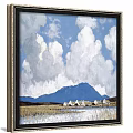Tranquil Landscape Painting With Cloudy Sky Mountain Range Calm River And Green Grassland