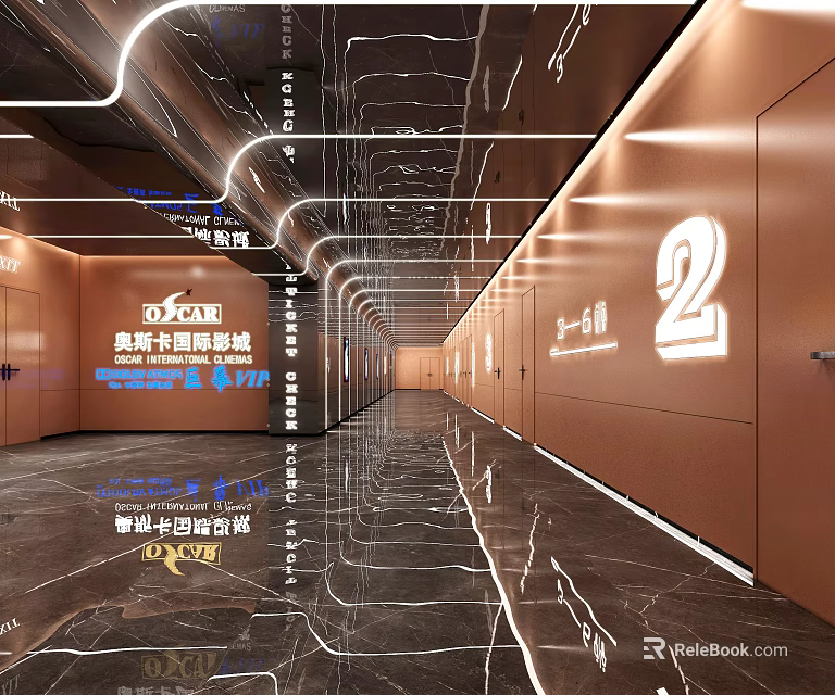 Modern Office Corridor With Elegant Brown Walls Illuminated Number 2 And Marble Floor Linear Lights 3d model 