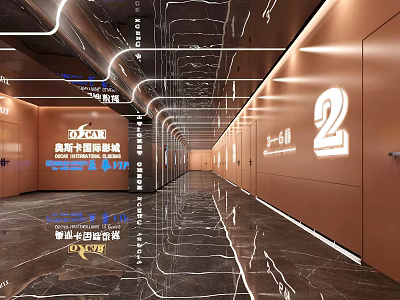 Modern Office Corridor With Elegant Brown Walls Illuminated Number 2 And Marble Floor Linear Lights 3d model